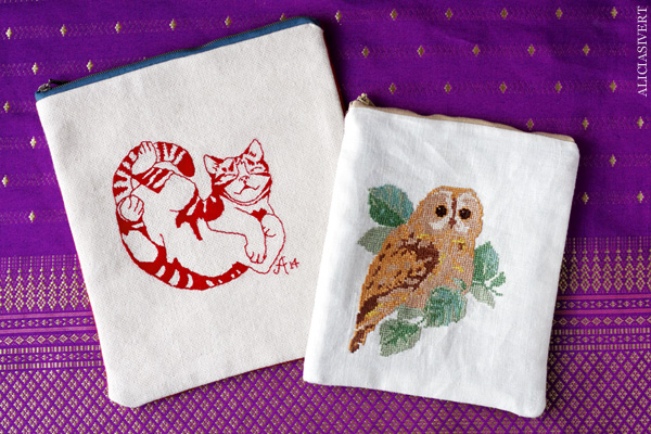aliciasivert, alicia sivert, alicia sivertsson, saksamlarpåse, broderi, embroidery, needlework, textile, craft, hantverk, slöjd, sy, sömnad, börs, necessär, påse, hand made, diy, do it yourself, alster och makeri, cat, katt, teno, owl, uggla, Stafford Whiteaker