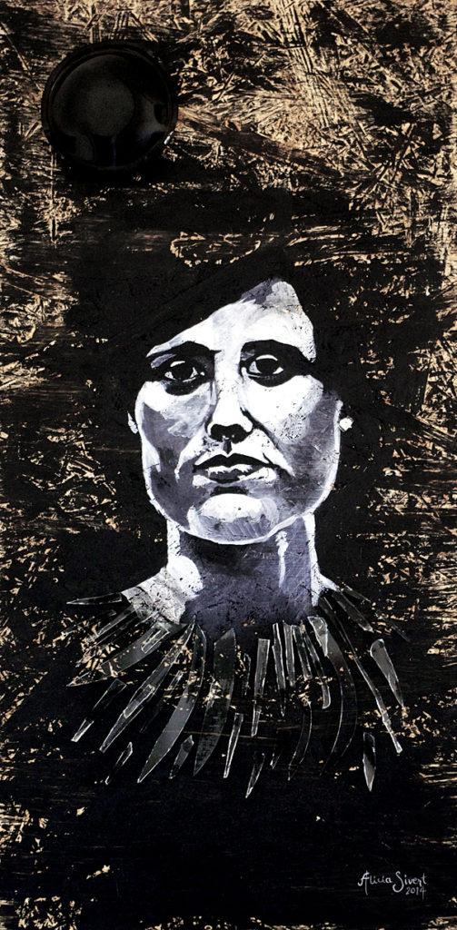 aliciasivert, alicia sivert, alicia sivertsson, målning, akryl, acrylic paint, acrylics, portrait, porträtt, woman, colours, painting, black and white, svartvit, kvinna, ansikte, ögon, närbild, detalj, återbruk, remake, spånskiva, glas, glaskross, glassplitter, glass