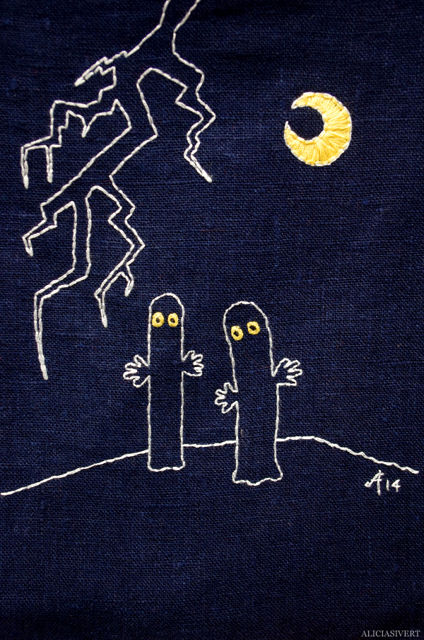 aliciasivert, alicia sivert, alicia sivertsson, saksamlarpåse, saksamlarpåsar, broderi, embroidery, needlework, hoop art, tove jansson 100 år, hattifnattar, hattifnatt, hattifnatters, återbruk, sy sömnar, sewing, sew