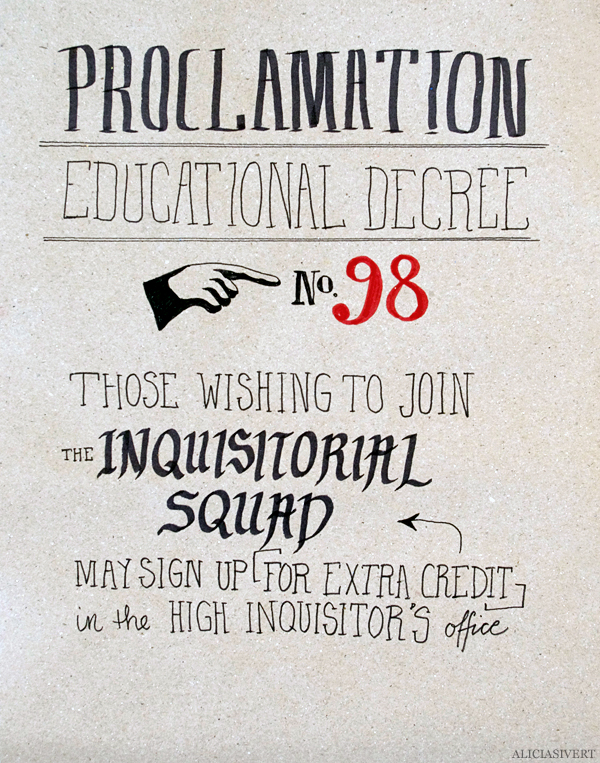 aliciasivert, alicia sivert, alicia sivertsson, harry potter, poster, affisch, halloween, party, painted, painting, acrylics, akrylfärg, måla, målad, målat, måleri, black and white, proclamation no. 98, professor dolores umbridge, , monthly makers maj magi magic