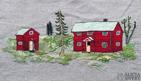 "Farfarstugan", embroidery by Alicia Sivertsson, 2015. Alicia Sivert, aliciasivert, fritt broderi, needlework, hoop art, textile art, textilkonst, textil, konst, hus, hem, byggnad, house, 1700-tal, natur, sverige, fjällen, kreativitet, skapande, skapa, brodera, hantverk, franska knutar, french knots, röd stuga, stugor, house, home, hut, cabin
