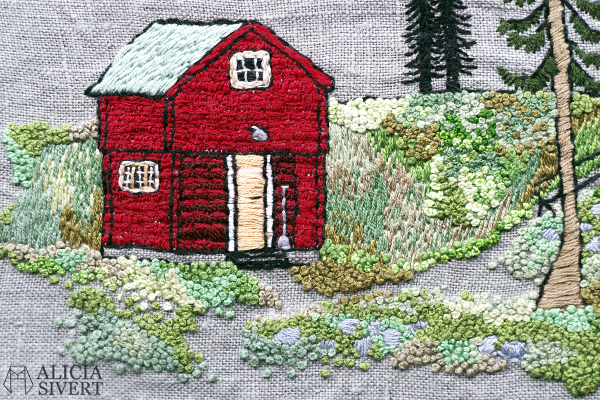 "Farfarstugan" (detail), embroidery by Alicia Sivertsson, 2015. Alicia Sivert, aliciasivert, fritt broderi, needlework, hoop art, textile art, textilkonst, textil, konst, hus, hem, byggnad, house, 1700-tal, natur, sverige, fjällen, kreativitet, skapande, skapa, brodera, hantverk, franska knutar, french knots, röd stuga, stugor, house, home, hut, cabin