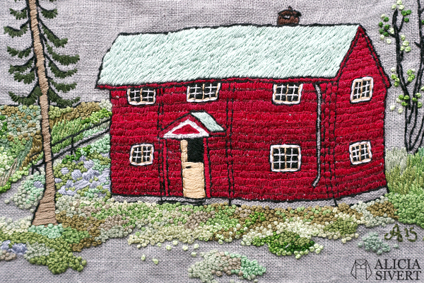 "Farfarstugan" (detail), embroidery by Alicia Sivertsson, 2015. Alicia Sivert, aliciasivert, fritt broderi, needlework, hoop art, textile art, textilkonst, textil, konst, hus, hem, byggnad, house, 1700-tal, natur, sverige, fjällen, kreativitet, skapande, skapa, brodera, hantverk, franska knutar, french knots, röd stuga, stugor, house, home, hut, cabin