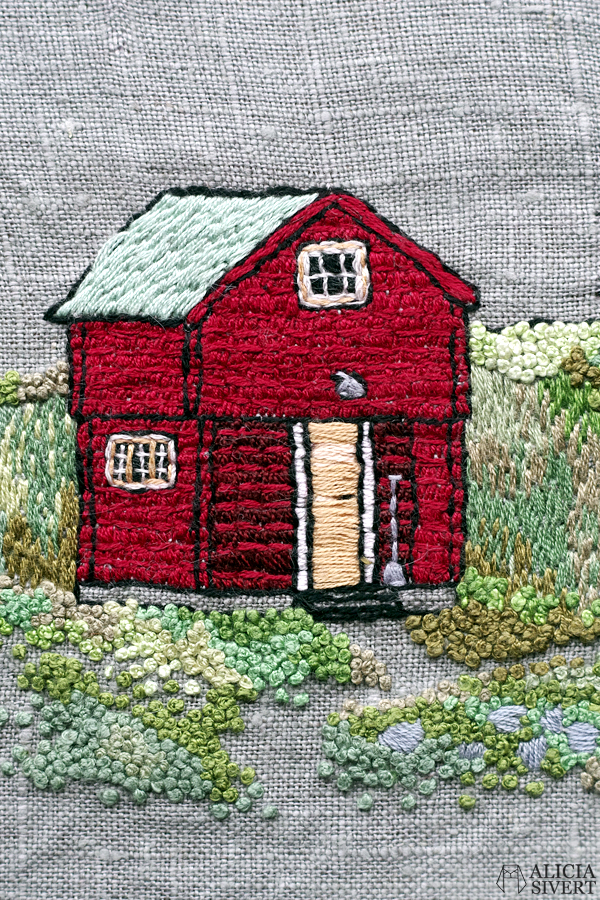 "Farfarstugan" (detail), embroidery by Alicia Sivertsson, 2015. Alicia Sivert, aliciasivert, fritt broderi, needlework, hoop art, textile art, textilkonst, textil, konst, hus, hem, byggnad, house, 1700-tal, natur, sverige, fjällen, kreativitet, skapande, skapa, brodera, hantverk, franska knutar, french knots, röd stuga, stugor, house, home, hut, cabin