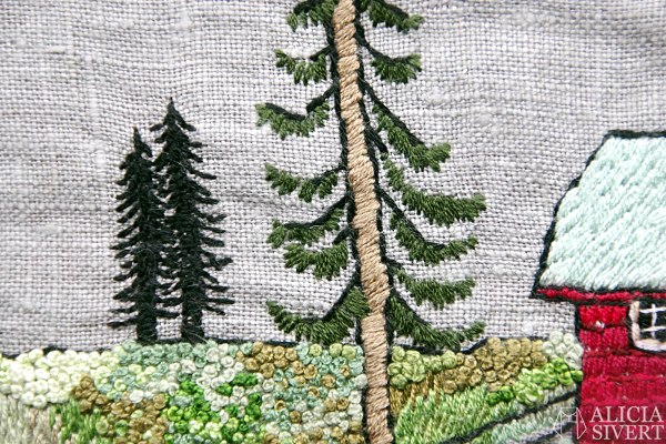 "Farfarstugan" (detail), embroidery by Alicia Sivertsson, 2015. Alicia Sivert, aliciasivert, fritt broderi, needlework, hoop art, textile art, textilkonst, textil, konst, hus, hem, byggnad, house, 1700-tal, natur, sverige, fjällen, kreativitet, skapande, skapa, brodera, hantverk, franska knutar, french knots, röd stuga, stugor, house, home, hut, cabin