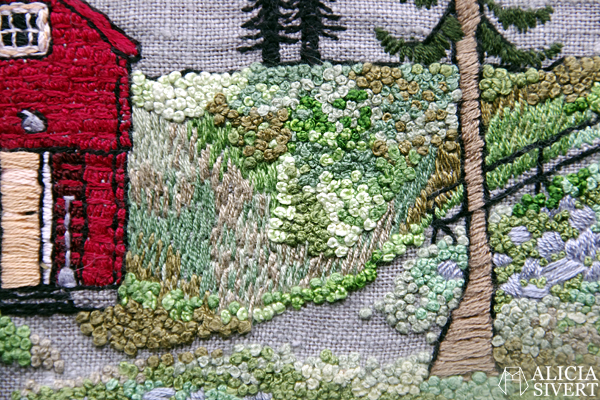 "Farfarstugan" (detail), embroidery by Alicia Sivertsson, 2015. Alicia Sivert, aliciasivert, fritt broderi, needlework, hoop art, textile art, textilkonst, textil, konst, hus, hem, byggnad, house, 1700-tal, natur, sverige, fjällen, kreativitet, skapande, skapa, brodera, hantverk, franska knutar, french knots, röd stuga, stugor, house, home, hut, cabin