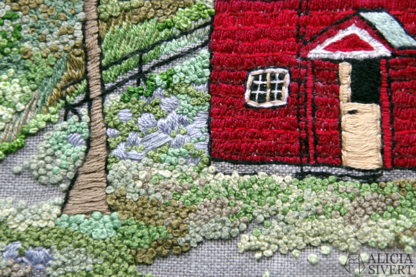 "Farfarstugan" (detail), embroidery by Alicia Sivertsson, 2015. Alicia Sivert, aliciasivert, fritt broderi, needlework, hoop art, textile art, textilkonst, textil, konst, hus, hem, byggnad, house, 1700-tal, natur, sverige, fjällen, kreativitet, skapande, skapa, brodera, hantverk, franska knutar, french knots, röd stuga, stugor, house, home, hut, cabin