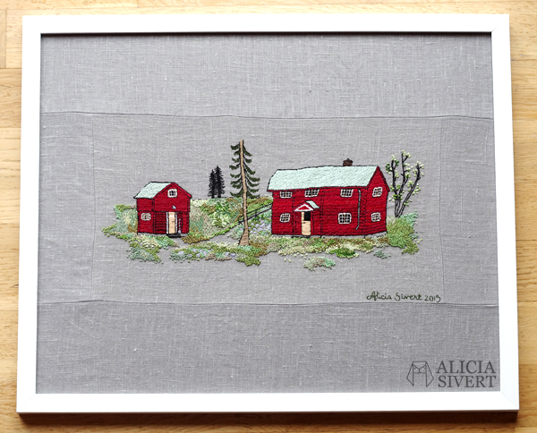 Farfarstugan, embroidery by Alicia Sivertsson, 2015. Alicia Sivert, aliciasivert, fritt broderi, needlework, hoop art, textile art, textilkonst, textil, konst, hus, hem, byggnad, house, 1700-tal, natur, sverige, fjällen, kreativitet, skapande, skapa, brodera, hantverk, franska knutar, french knots, röd stuga, stugor, house, home, hut, cabin