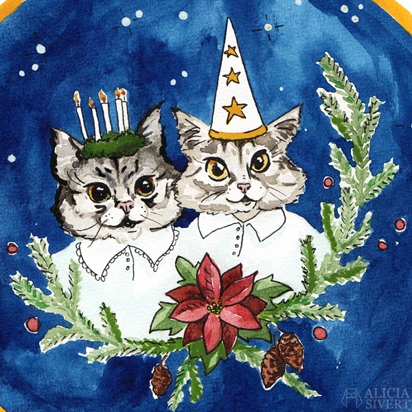 aliciasivert, alicia sivert, alicia sivertsson, lussekatt, lussekatter, tofslan och vifslan, katt, katter, lucia, målning, måla, kreativitet, skapa, akvarell, vattenfärg, aquarelle, watercolor, watercolour, water color, water colour, painting, create, cat, cats, christmas card, xmas, jul, julkort