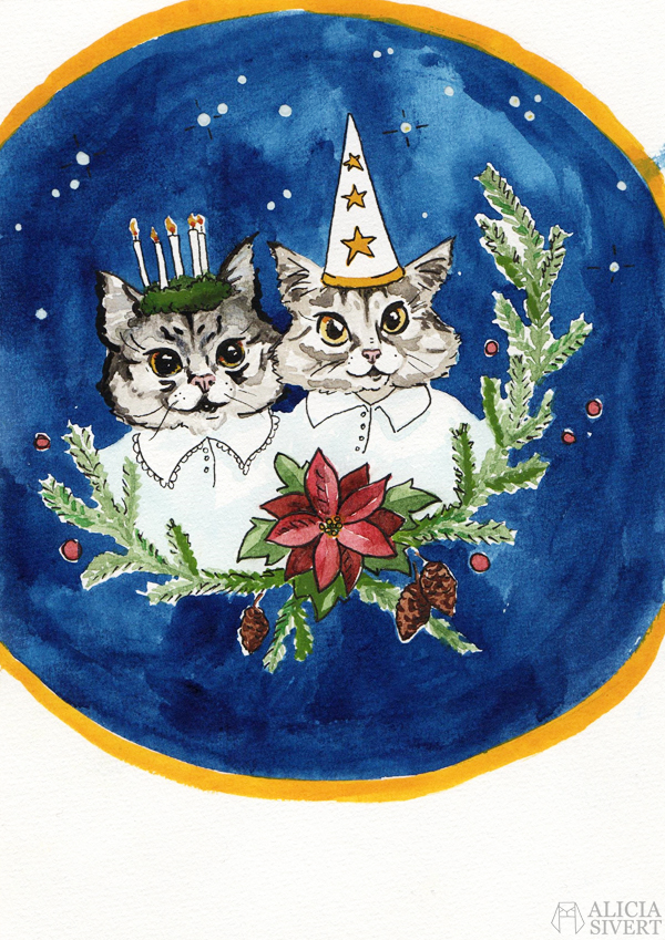 aliciasivert, alicia sivert, alicia sivertsson, lussekatt, lussekatter, tofslan och vifslan, katt, katter, lucia, målning, måla, kreativitet, skapa, akvarell, vattenfärg, aquarelle, watercolor, watercolour, water color, water colour, painting, create, cat, cats, christmas card, xmas, jul, julkort