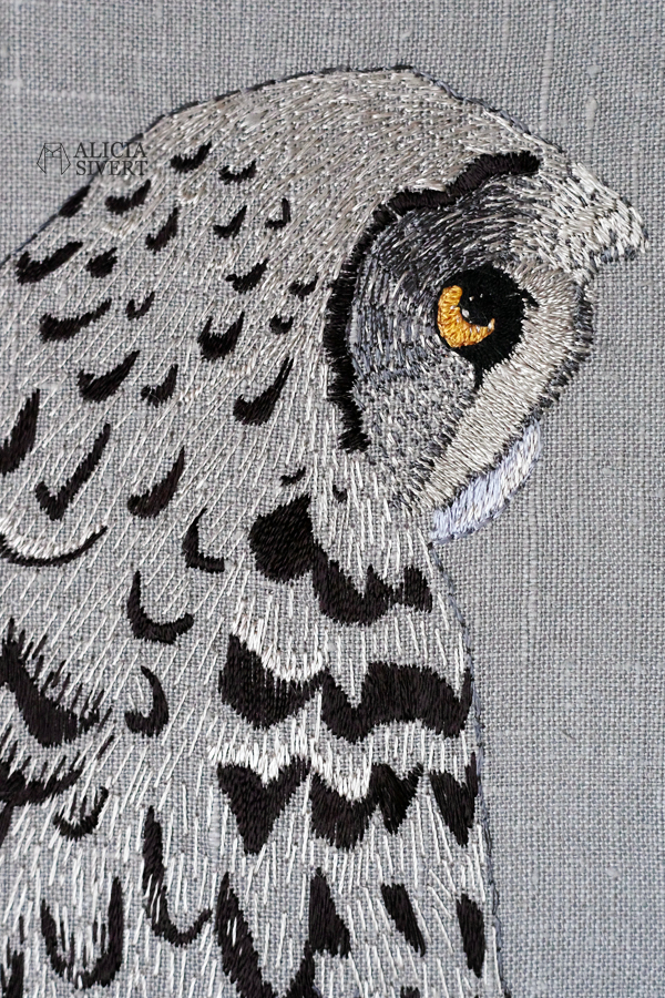 Strix nebulosa, great grey owl embroidery by Alicia Sivertsson, 2015-16. lapuggla fritt broderi free embroidery needlework textile art hand stitched textilkonst konst konstsömnad fågel fåglar skapa skapande kreativitet creativity uggla