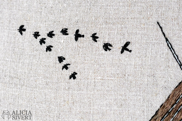 "Lambgiftet" embroidery by Alicia Sivertsson, 2015-2016. broderi, needlework, hoop art, textile art, textilkonst, konst, textil, tyg, sy, gotland, lambgift, stenvast, stenmur, hur, byggnad, building, halmtak, skapa, skapande, kreativitet, creativity, create, lambigften, sömnad, gotland, gotländskt, faludden, fåglar, fågelstreck, fågel siluett