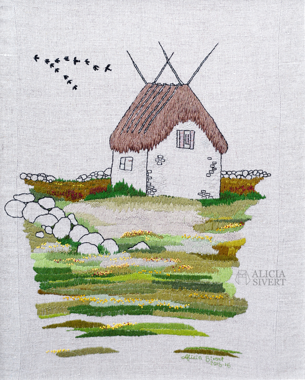 "Lambgiftet" embroidery by Alicia Sivertsson, 2015-2016. broderi, needlework, hoop art, textile art, textilkonst, konst, textil, tyg, sy, gotland, lambgift, stenvast, stenmur, hur, byggnad, building, halmtak, skapa, skapande, kreativitet, creativity, create, lambigften, sömnad, gotland, gotländskt, faludden, agtak