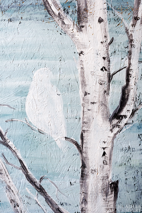 "Lärkfalk vid Muskmyr" (detail), acrylic painting by Alicia Sivertsson, 2016. fågel rovfågel falk måla målning akryl akrylmålning skapa skapande fågelskåda fågelskådning alicia sivert aliciasivert måla på spånskiva eurasian hobby falcon björk stammar björkstammar konst kreativitet
