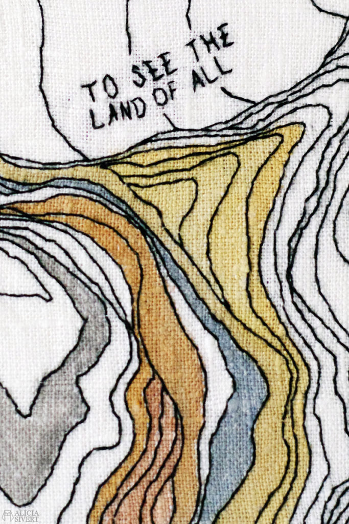"Land of All" Woodkid free hand embroidery by Alicia Sivertsson. desierto Yoann Lemoine aliciasivert alicia sivert akvarell aquarelle watercolour watercolor water color colour broderi fitt frihandsbroderi needlework hoop art needle work konst textilkonst textil textile art mountain mountains berg bergskedja brodera förstygn text I came to break the wall that rose around you To see the Land of All I will fall for you