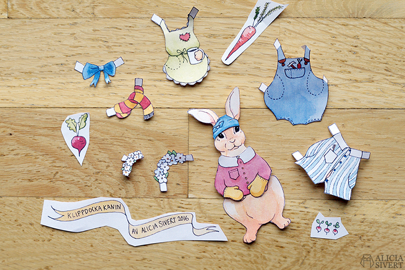 Bunny cut-out doll printable by Alicia Sivertsson. aliciasivert alicia sivert rabbit kanin klippdocka klipp docka skriva ut skriv ut färglägg färglägga print colour color book pyjamas snickarbyxor rosett bow tie gryffindorhalsduk halsduk blommor krans blomsterkrans mössa monthly makers oktober 2016 leksaker akvarell målning måla diy skapa skapande kreat hare jacka jacket