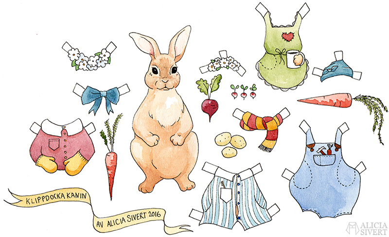 Bunny cut-out doll printable by Alicia Sivertsson. aliciasivert alicia sivert rabbit kanin klippdocka klipp docka skriva ut skriv ut färglägg färglägga print colour color book pyjamas snickarbyxor rosett bow tie gryffindorhalsduk halsduk blommor krans blomsterkrans mössa monthly makers oktober 2016 leksaker akvarell målning måla diy skapa skapande kreat hare jacka jacket