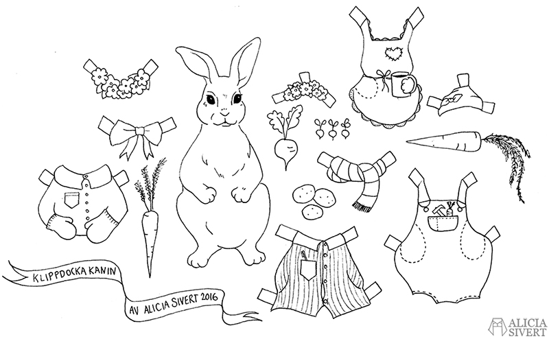 Bunny cut-out doll printable by Alicia Sivertsson. aliciasivert alicia sivert rabbit kanin klippdocka klipp docka skriva ut skriv ut färglägg färglägga print colour color book pyjamas snickarbyxor rosett bow tie gryffindorhalsduk halsduk blommor krans blomsterkrans mössa monthly makers oktober 2016 leksaker akvarell målning måla diy skapa skapande kreat hare jacka jacket