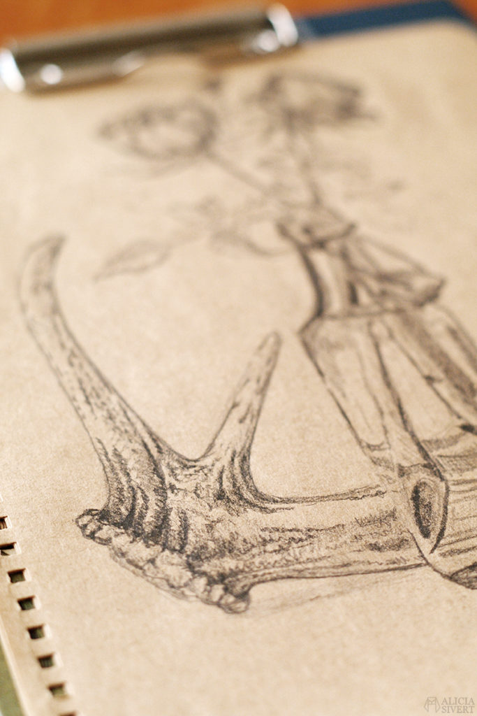 aliciasivert alicia sivert sivertsson antler antlers horn hjorthorn flaska bottle ros rosor roses drawing teckning sketch skiss konst art artist teckningar drawings blyerts¨