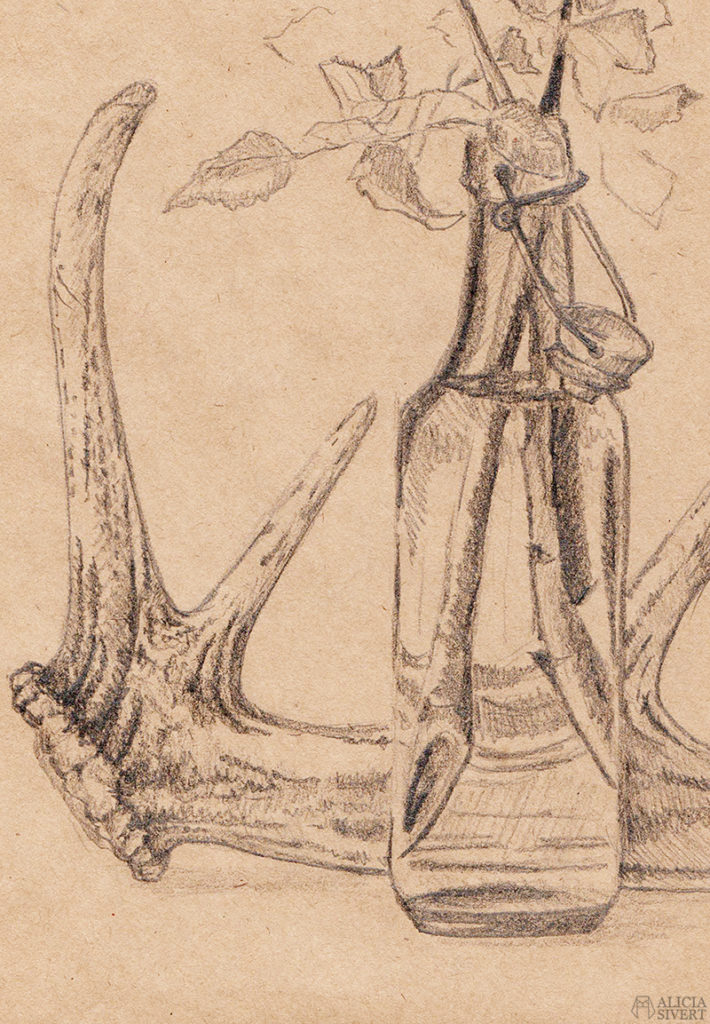 aliciasivert alicia sivert sivertsson antler antlers horn hjorthorn flaska bottle ros rosor roses drawing teckning sketch skiss konst art artist teckningar drawings blyerts
