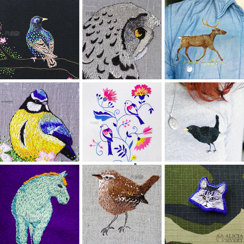 konst kreativitet skapa skapande monthly makers aliciasivert fritt broderi textil textilkonst frihandsbroderi free hand embroidery needlework yllebroderi schattérsöm djur häst fågel fåglar brosch katt