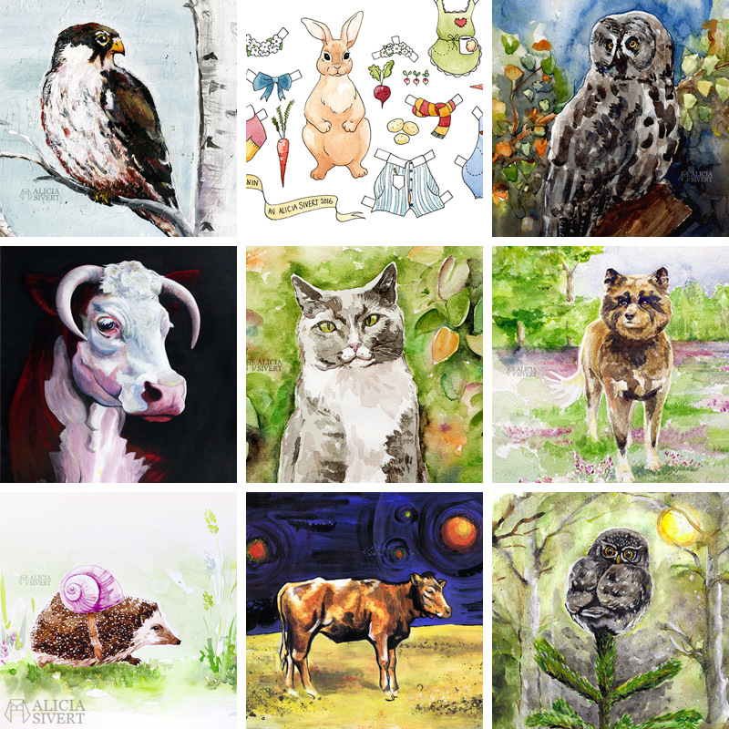 konst kreativitet skapa skapande monthly makers aliciasivert måleri målning akvarell akryl djur ko kossa katt hund uggla fågel fåglar kor aquarelle water colour vattenfärg acrylics painting acrylic¨