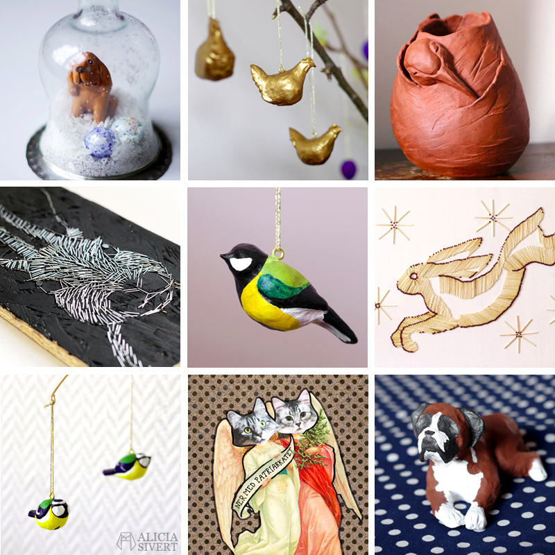 konst kreativitet skapa skapande monthly makers aliciasivert keramik skulptur lufttorkande lera collage tändstickor tavla häftklamrar kanin fåglar hundar katter katt fågel hund