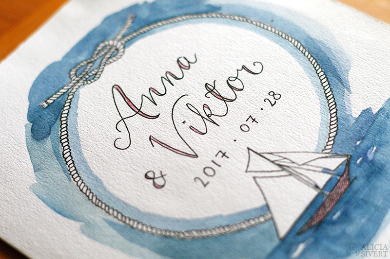 aliciasivert alicia sivert sivertsson akvarell aquarelle watercolor watercolour vattenfärg målning måla måleri painting kort wedding card bröllopskort bröllop marint tema navy theme båt segelbåt illustration knop rep snöre råbandsknop skepp grattiskort