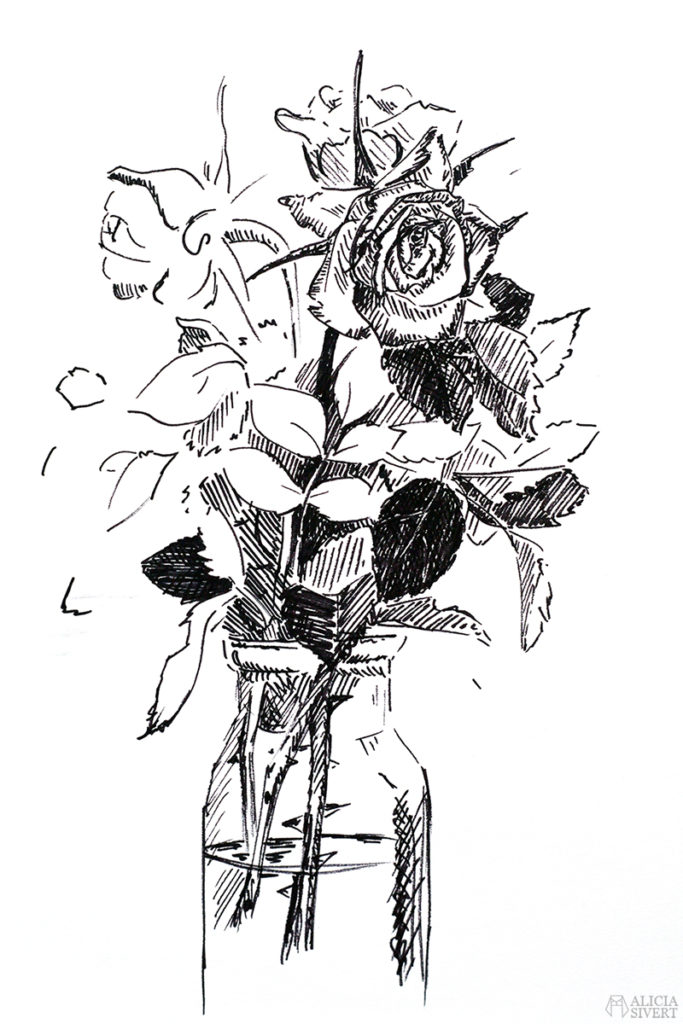 alicia sivert sivertsson aliciasivert konst konstverk teckning teckningar drawing drawings art tusch ink bläck tuschpenna rosor ros bukett rosenbukett rose roses bouquet vas kreativitet skapa skapande