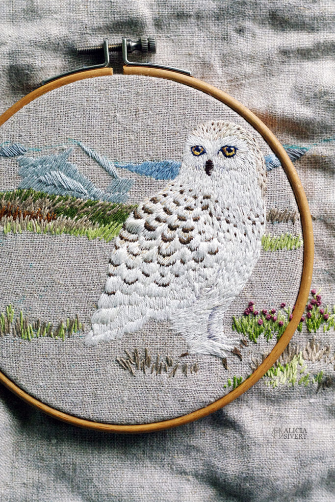 aliciasivert alicia sivert sivertsson broderi broderier brodera embroidery needlework hoop art fritt free hand embroidery uggla fjälluggla schattérsöm long and short stitches