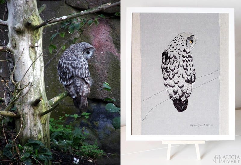 aliciasivert alicia sivert sivertsson konst textilkonst textil textilt bild bildskapande broderi skapa skapande brodera embroidery needlework textile art artist creativity lappuggla strix nebulosa great grey owl gray