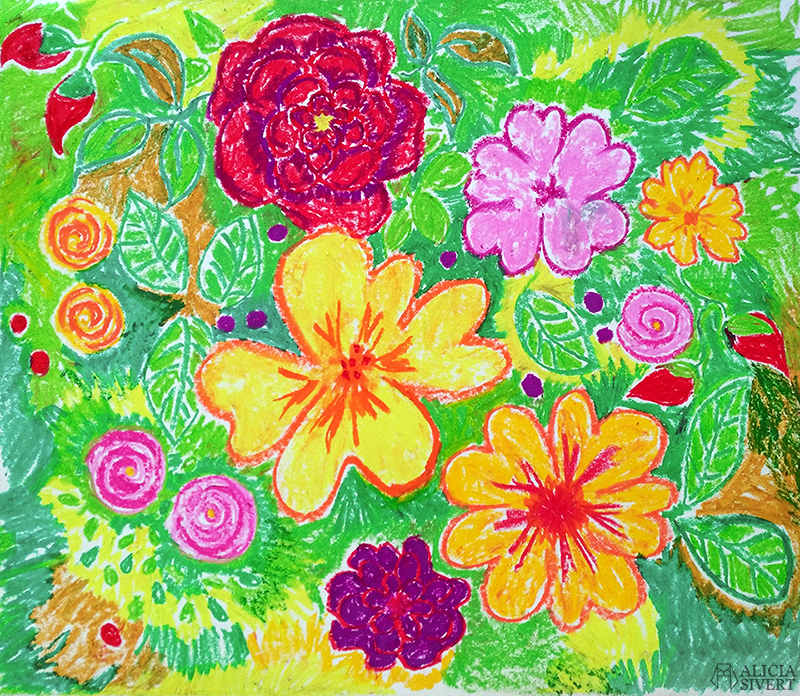 Vårblommor, oljepastell av Alicia Sivertsson.
