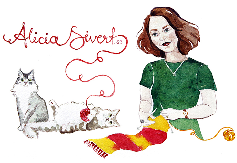Headerbild målad i akvarell, Alicia Sivert i grön t-shirt stickar en Gryffindorhalsduk i rött och gult medan katterna Tofslan och Vifslan leker med ett garnnystan. Garnet bildar texten "Alicia Sivert.se".
