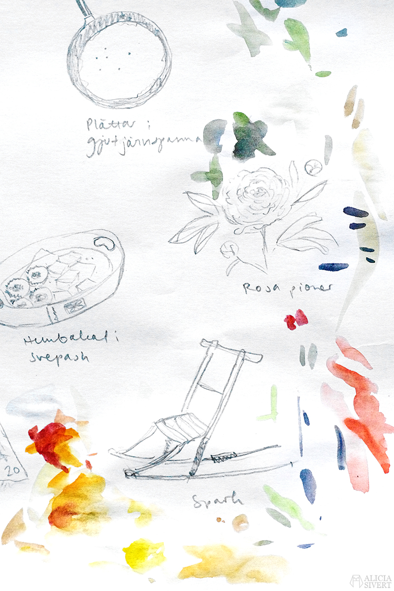 Processbilder från skapandet av Mormors bok - handbunden bok med illustrationer i akvarell, av Alicia Sivertsson - www.aliciasivert.se / bokbinderi binda böcker akvarell illustration illustrationer teckning teckningar skiss skisser beställning beställningar beställa skapa personlig present