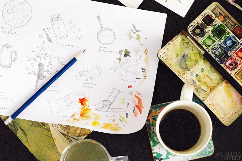Processbilder från skapandet av Mormors bok - handbunden bok med illustrationer i akvarell, av Alicia Sivertsson - www.aliciasivert.se / bokbinderi binda böcker akvarell illustration illustrationer teckning teckningar skiss skisser beställning beställningar beställa skapa personlig present