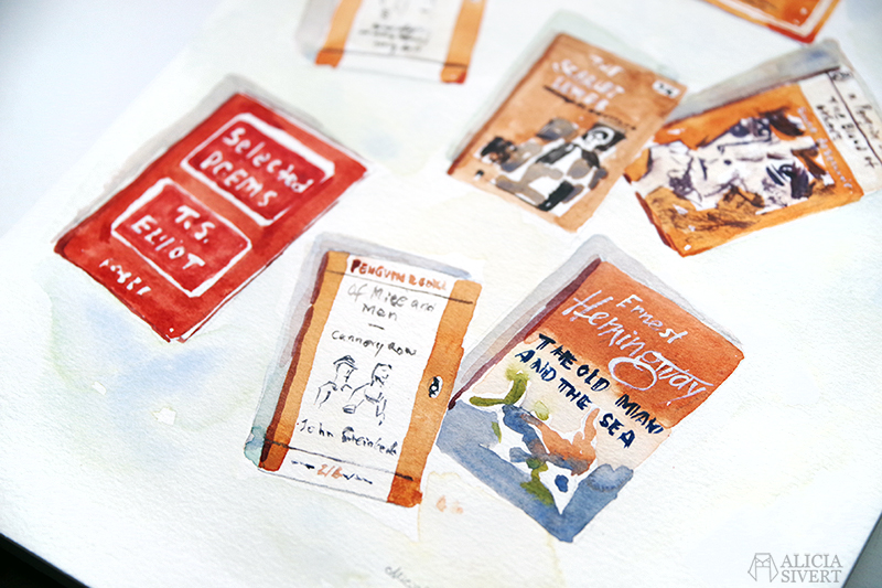Chrissys böcker, akvarell målad av Alicia Sivertsson - www.aliciasivert.se efter ett foto av Christina Isacson - http://highfivelivet.blogspot.com/ // måla vattenfärg bok orange orangea illustration