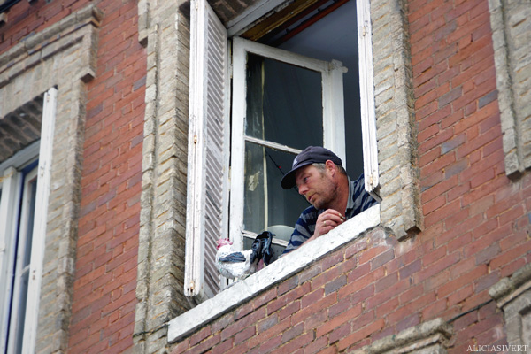 aliciasivert, alicia sivertsson, Le Nebourg, market day, marknad, marknadsdag, man, window, rooster, tupp, fönster