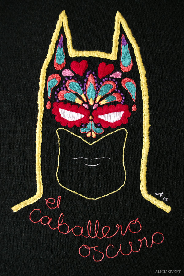 aliciasivert, alicia sivert, alicia sivertsson, broderi, embroidery, needlework, hoopart, hoop art, garn, återbruk, remake, sugar skull, batman, kurbits, sy, sew, stygn, mexico, mexiko, mexikansk dödskalle, skull, el caballero oscuro, the dark knight