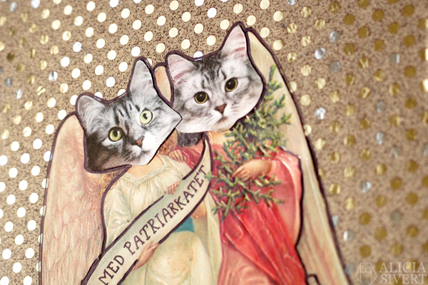 "Ner med patriarkatet" ("Down with the patriarchy") cat collage by Alicia Sivertsson, 2015. Alicia Sivert aliciasivert katt kollage bokmärke bokmärken bokmärkesänglar ängel änglavingar vingar katter tofslan och vifslan katten klipp och klistra skapa skapande kreativitet creativity create do it yourself diy glitter guld gold krossa patriarkatet smash the patriarchy, feminism, feminist, feministiskt