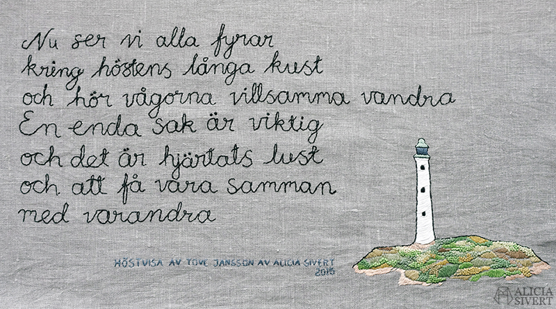"Höstvisa" embroidery by Alicia Sivertsson, 2015. Quote by Tove Jansson, 1965.