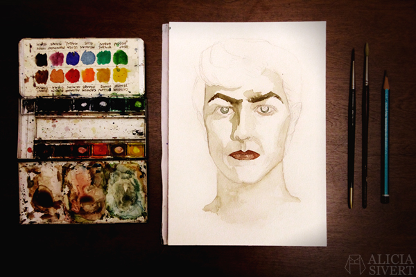 "Starman", David Bowie water colour portrait by Alicia Sivertsson, 2016. aquarelle, akvarell, water color, colour, porträtt, måla, målning, creativity, kreativitet, skapande, skapa, måla varje vecka, måla en sak i veckan, vattenfärg, artist, musiker, musician, homage