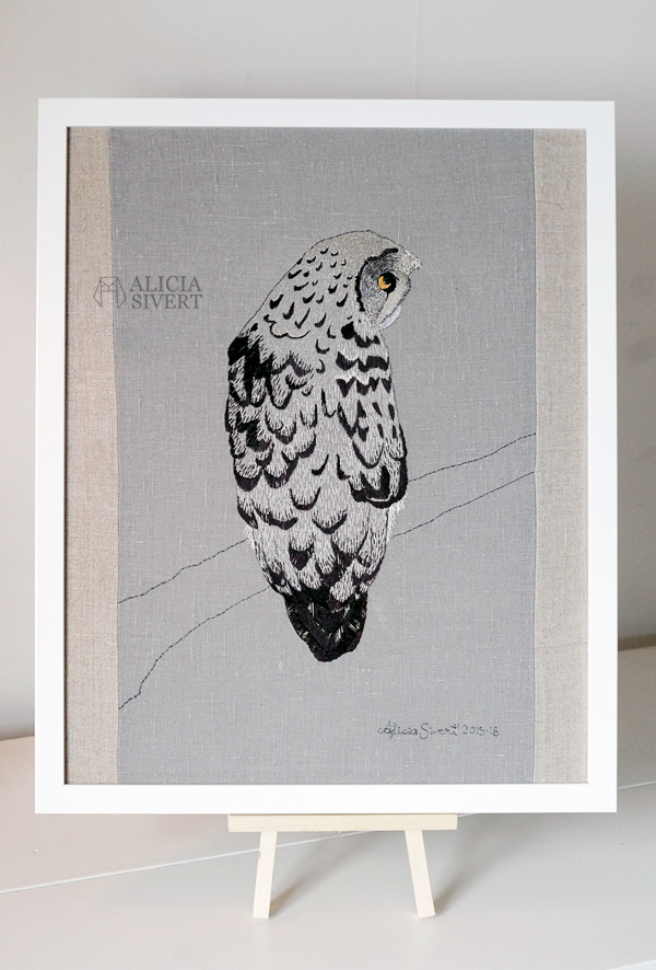 Strix nebulosa, great grey owl embroidery by Alicia Sivertsson, 2015-16. lapuggla fritt broderi free embroidery needlework textile art hand stitched textilkonst konst konstsömnad fågel fåglar skapa skapande kreativitet creativity uggla