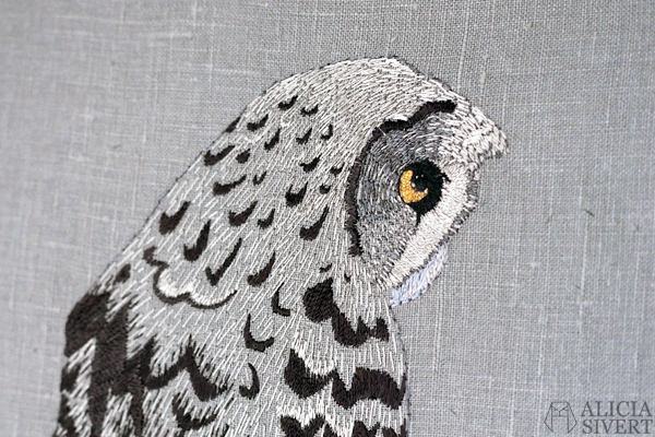 Strix nebulosa, great grey owl embroidery by Alicia Sivertsson, 2015-16. lapuggla fritt broderi free embroidery needlework textile art hand stitched textilkonst konst konstsömnad fågel fåglar skapa skapande kreativitet creativity uggla