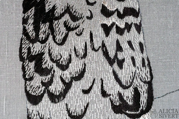 Strix nebulosa, great grey owl embroidery by Alicia Sivertsson, 2015-16. lapuggla fritt broderi free embroidery needlework textile art hand stitched textilkonst konst konstsömnad fågel fåglar skapa skapande kreativitet creativity uggla