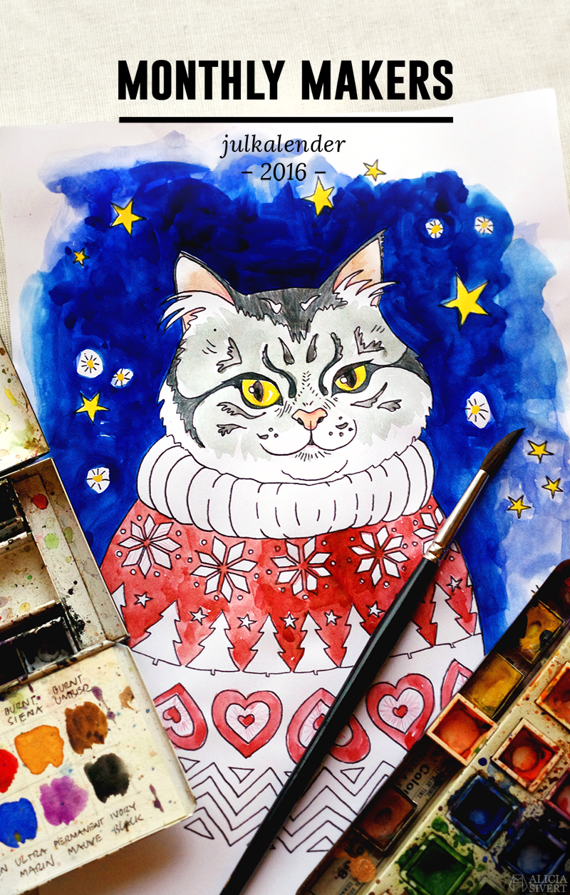 Monthly Makers julkalender: målarboksbild av katten Tofslan i jultröja