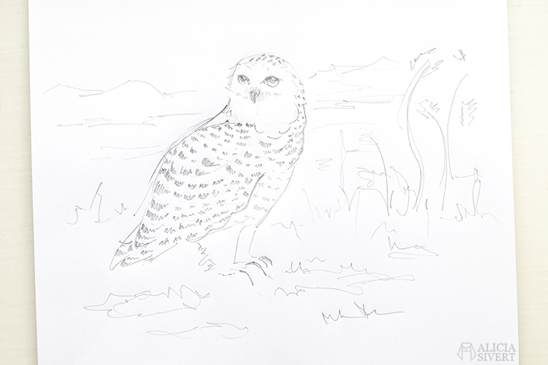 aliciasivert alicia sivert sivertsson broderi skiss uggla fjälluggla fjäll fjällen fjällmotiv owl sketch