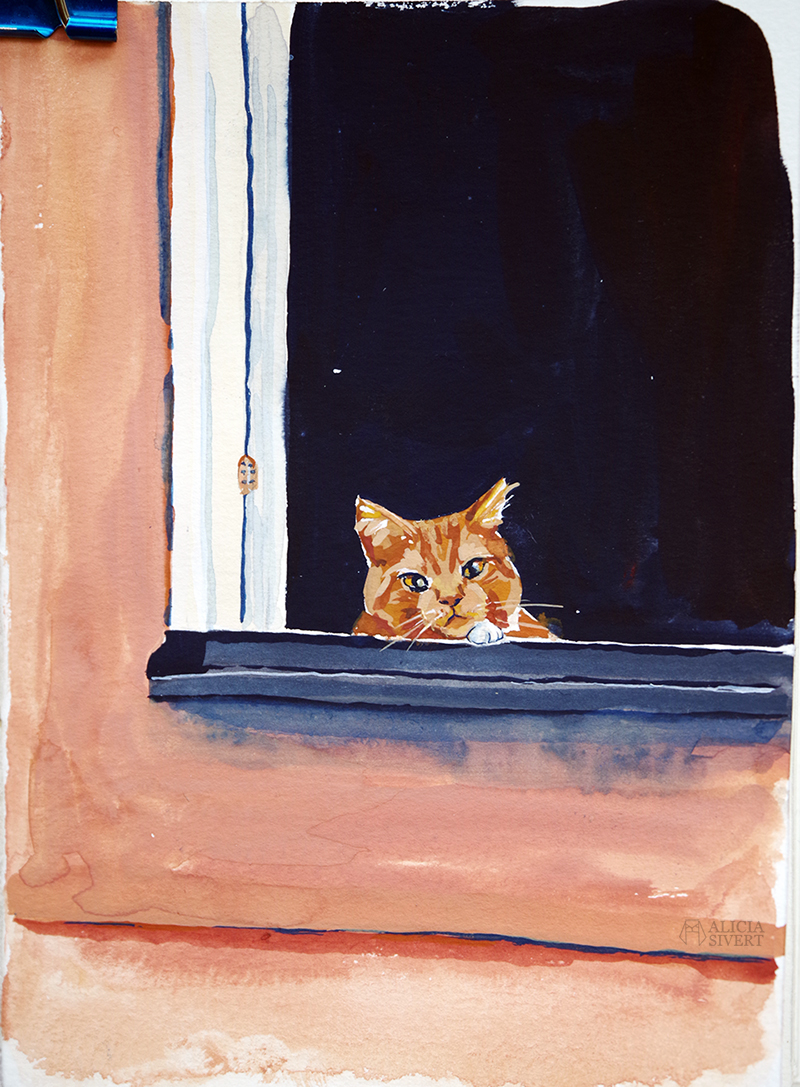 Katt i fönster, gouachemålning av Alicia Sivertsson aliciasivert.se aliciasivert alicia sivert katter gul katt röd katt tittar ut titta ut genom fönster måla målning målningar vattenfärg gouache gouachemålning water colour watercolour water color watercolor