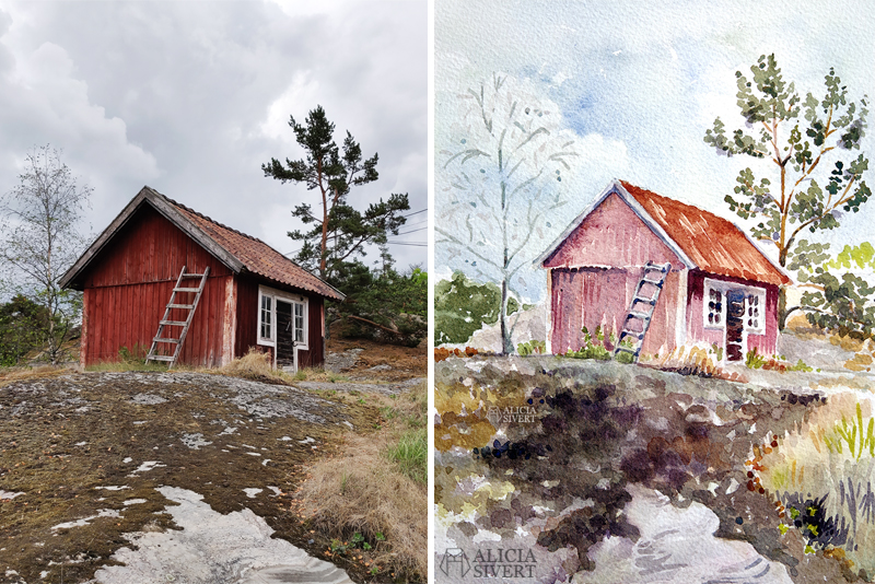 aliciasivert.se alicia sivert sivertsson aliciasivert stuga med stege värmdö värmdömotiv nora gård akvarell akvarellmålning målning målningar konst vattenfärg watercolor watercolour water color colour aquarelle house hut cabin ladder painting paintings art sweden swedish referens referensbild bild foto referens referensfoto referensfoton