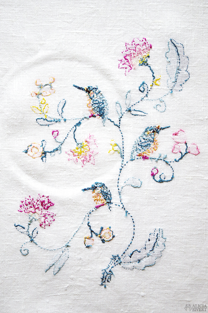 Baksidan av Kungsfiskare i Blekingesöm, broderi av Alicia Sivertsson 2019 - www.aliciasivert.se // brodera textil textilkonst fritt free hand embroidery art textile kingfisher fågel fåglar swedish landskapssöm landskapssömmar traditionellt svenskt hantverk handarbete handgjort blommor tistel tistlar bär knoppar hjärtan bird birds rosa ljusblått turkost gult pink turquoise light blue yellow plattsöm schattérsöm stjälkstygn