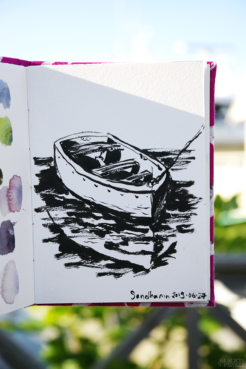Teckning av båt, en sommardag på Sandön - www.aliciasivert.se